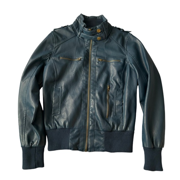 Moto Style Blue Faux Leather Jacket, Lined, Small Excellent Condition - Picture 1 of 15